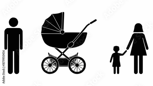 Family icons with baby stroller and child.
