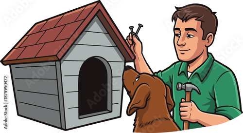 Man building dog house with tools and materials