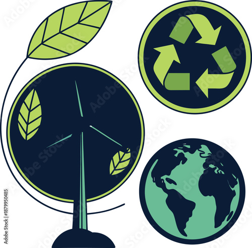 Eco friendly sustainability icons with wind energy recycling and earth