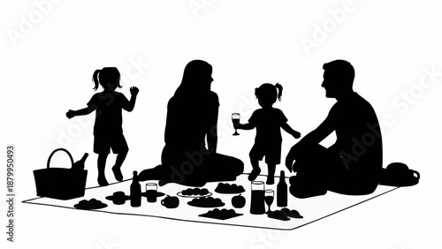 Family enjoying a picnic outdoors with food and drinks.