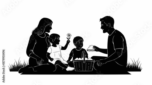 Family enjoying a picnic outdoors with children and a flower.