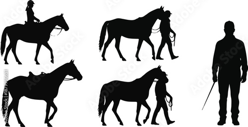 Silhouettes of a man and horse in various positions