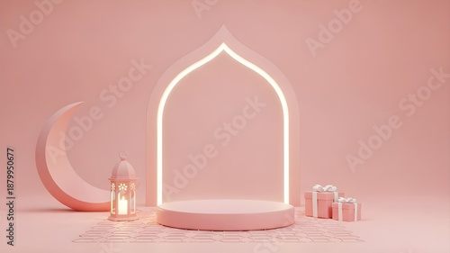 Islamic Product Podium Scene: Pink cylindrical pedestal under an illuminated archway, crescent moon, hanging lantern, gift boxes, Ramadan and Eid Mubarak showcase concept