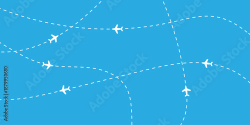 Modern airplane flight path background with abstract air travel route pattern vector illustration