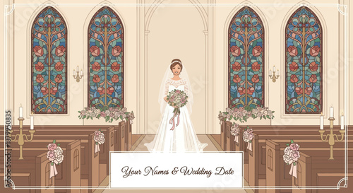 Bride standing alone in church aisle.