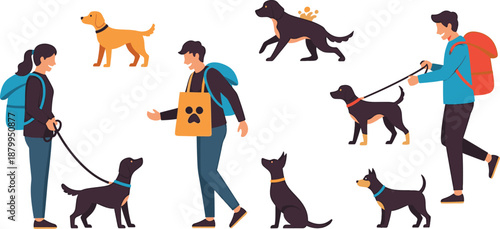 People walking dogs in a park or outdoor setting