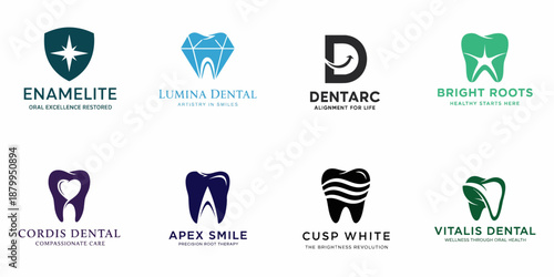 Eight modern and professional dental and oral health care logo templates featuring tooth, shield, diamond, and abstract designs for branding purposes.