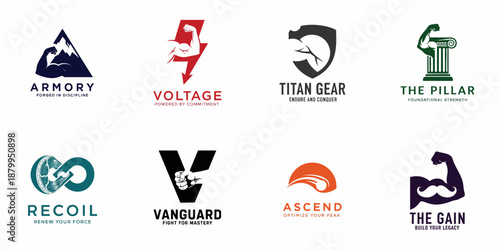 Collection of eight diverse logo designs for strength, fitness, gym, and performance brands, featuring motifs like muscles, mountains, lightning, shields, and abstract power symbols.
