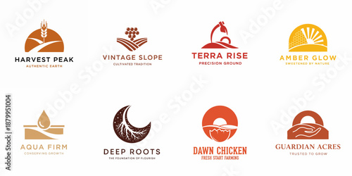 A collection of eight modern minimalist logos for agriculture, food, and organic businesses, featuring natural elements and symbols.