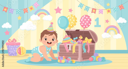 Happy baby playing with toys.