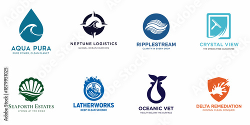 A collection of eight professional vector logos featuring themes of water, ocean, logistics, cleaning, and environmental services for corporate branding.
