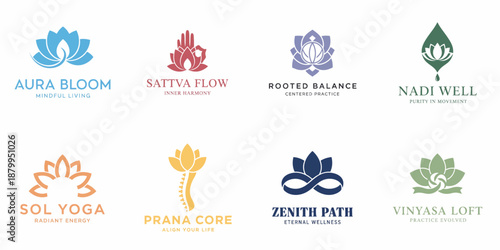 A collection of professional logo designs for yoga studios, wellness centers, and holistic health brands featuring abstract lotus flowers and spiritual symbols.