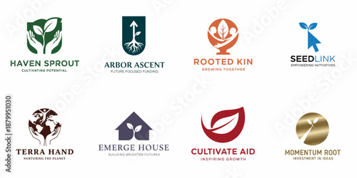 Eight professional vector logos featuring sprouts, roots, hands, and geometric shapes, representing growth, investment, sustainability, nurturing, and community concepts.