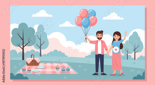 Happy couple holding colorful balloons together.