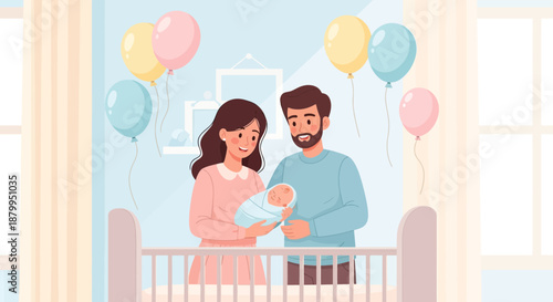 Happy parents holding newborn baby.