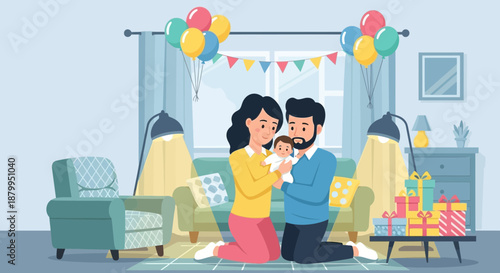 Happy family with little baby together.