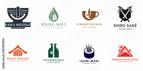 Eight Minimalist Logo Designs Inspired by Japanese Culture and Bamboo, Ideal for Asian Cuisine, Wellness, Travel, and Modern Branding.