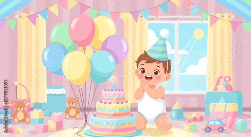 Happy Toddler in Diaper Celebrating Birthday.