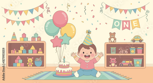 Happy Toddler Wearing Party Hat Cake.