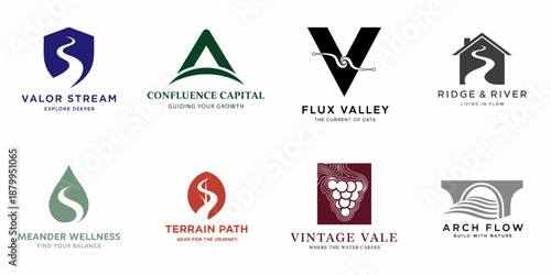 Minimalist logo design collection featuring streams, rivers, paths, houses, grapes, and arches for branding financial, wellness, and real estate services.