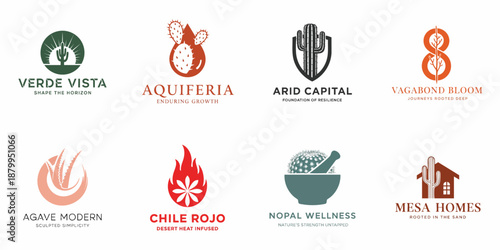 Collection of Eight Modern Desert and Cactus-Themed Logo Templates, Featuring Succulents, Arid Landscape Elements, and Earthy Color Palettes.
