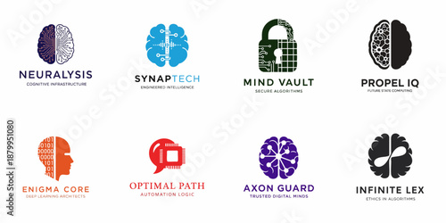 Collection of innovative logo templates for technology companies specializing in artificial intelligence, neural networks, security, and digital architecture.