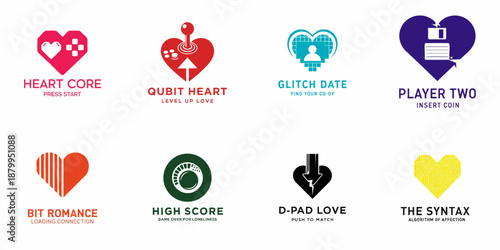 Digital Love and Gaming Romance: A set of eight vector logos combining hearts with joysticks, D-pads, floppy disks, and binary code for tech enthusiasts.