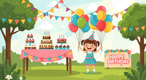 Little Girl Holding Colorful Birthday Balloons.