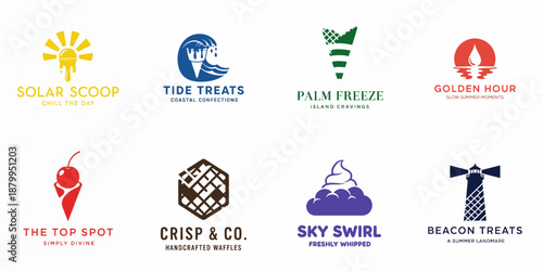 A collection of 8 creative flat vector logos for summer dessert, ice cream, frozen yogurt, and sweet treat businesses with coastal and tropical branding elements.