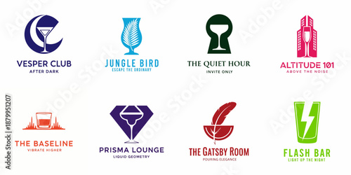 A collection of eight modern and creative logo designs for bars, cocktail lounges, and nightclubs, featuring abstract glassware and symbolic elements.