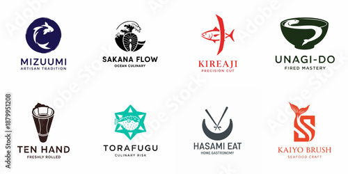 Eight Distinct Modern Vector Logos for Japanese Seafood and Culinary Brands, Featuring Fish, Sushi Elements, Waves, and Traditional Gastronomy Symbols.