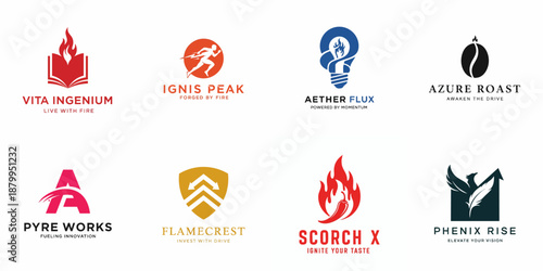 A collection of eight vibrant, modern logos featuring themes of fire, energy, drive, and innovation, suitable for branding various businesses.