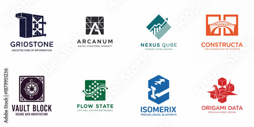 A collection of eight modern, geometric logo templates for technology, engineering, data security, and architectural firms on a white background.