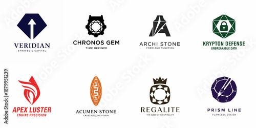 A collection of eight modern logo templates featuring stylized gems, diamonds, and geometric stones for branding capital, defense, architecture, and technology companies.