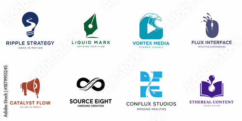 Creative vector logos featuring concepts of liquid flow, ideas, media, strategy, and content, suitable for modern branding identity.