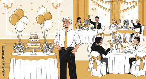 Waiter standing by decorated restaurant table.