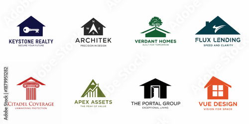 A collage of eight diverse logo concepts for real estate, architecture, home finance, and construction industries featuring houses, keys, trees, and financial symbols.