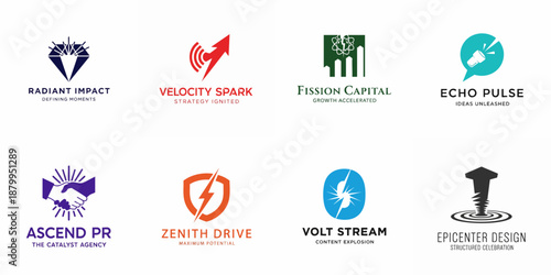 A diverse collection of modern, abstract logo designs for business and tech companies, featuring concepts of growth, energy, impact, and connection.