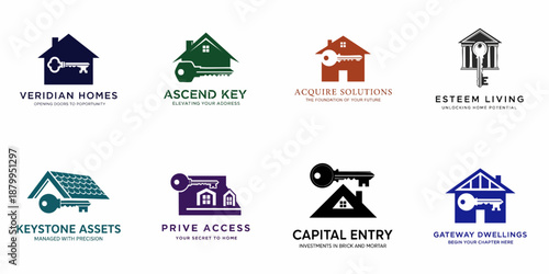 A collection of eight professional real estate logo concepts, featuring variations of keys and house or building silhouettes, suitable for property and investment branding.
