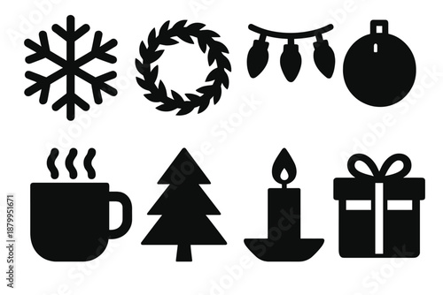 Winter Icons Collection. Winter Decor silhouette set: snowflake, evergreen wreath, string lights, ornament ball, hot cocoa mug, pine tree, candlelight, gift box