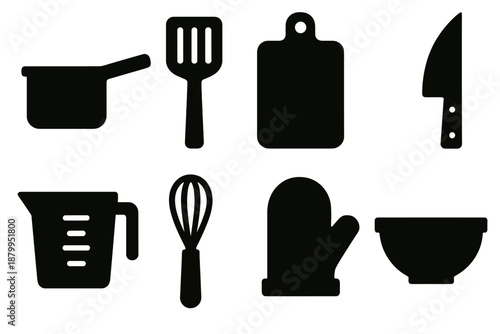 Brutalist Kitchen Icons. Kitchen Essentials silhouette set: saucepan, spatula, cutting board, knife, measuring cup, whisk, oven mitt, mixing bowl