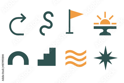 Symbolic Path Icons. Symbolic Path in geometric flat style: arrow curves, winding lines, goal flag, sunrise, bridge, steps, flowing wave, guiding star