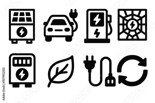 Bold Green Tech Icons. Green Technology silhouette set: solar inverter, electric car, charging dock, smart grid, energy meter, eco leaf, power cable, sustainability symbol