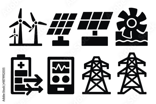 Eco Energy Icons. Eco Infrastructure silhouette set: wind farm, solar field, battery storage, water turbine, control panel, transmission tower, energy flow arrows, global