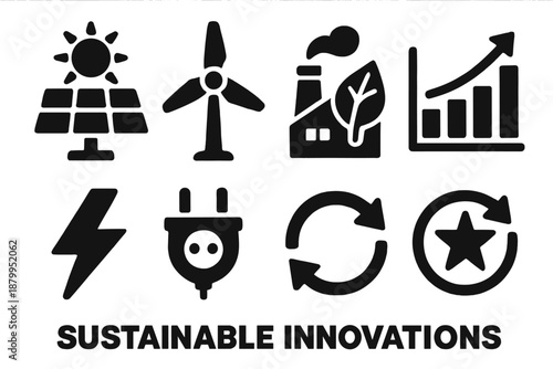 Brutalist Sustainable Energy Icons. Sustainable Innovation silhouette set: solar cell, wind blade, bioenergy plant, efficiency chart, green lightning bolt, smart plug, clean loop,