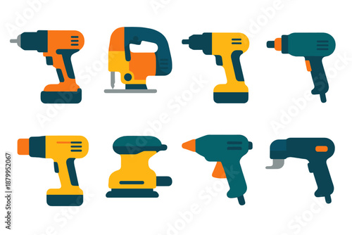 Vibrant Tool Icons. DIY Power Tools modern flat vector icons: cordless drill, jigsaw, power screwdriver, rotary tool, heat gun, sander, glue gun, multi-tool