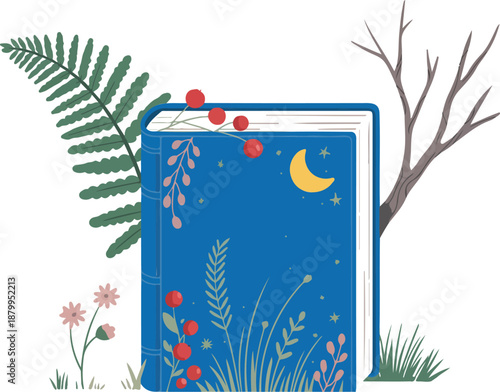 Cute Open Book Cartoon Vector Illustration – Nature & Fairytale Scene