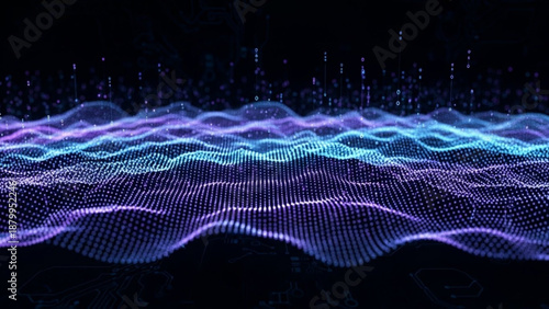 Vibrant digital wave pattern with purple and blue lights on dark background
