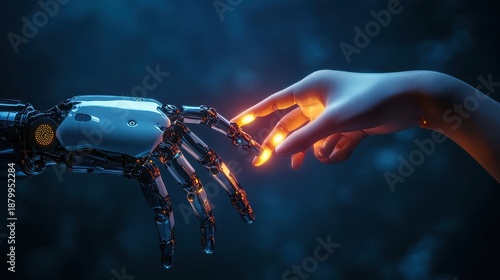 Close-up view captures the symbolic moment when a glowing human index finger gently touches the metallic fingertip of an advanced robotic android hand illustrating the concept of artificial intelligen
