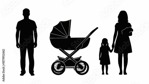 Family Silhouette with Baby Stroller and Child.